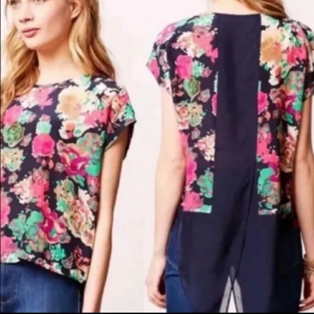 Anthropologie Maeve 100% Silk Multi Colored Navy Sheer Panel Top 0
